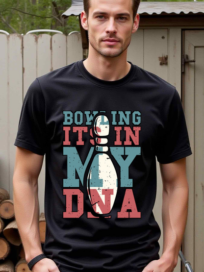 Men's Graphic T-Shirt Bowling It Is In My DNA With Large Bold Lettering Over A White Bowling Pin