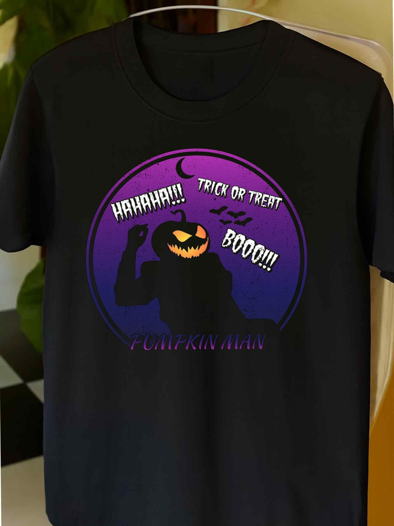 Men's Graphic T-Shirt Hahaha Trick Or Treat Boo With Shadowy Pumpkin Head Silhouette