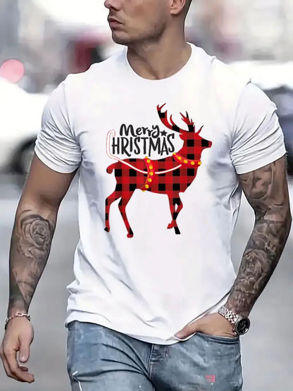 Men's Graphic T-Shirt Merry Christmas Plaid Patterned Reindeer Wearing Holiday Scarf