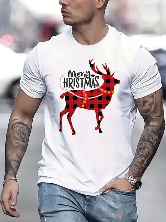 Men's Graphic T-Shirt Merry Christmas Plaid Patterned Reindeer Wearing Holiday Scarf
