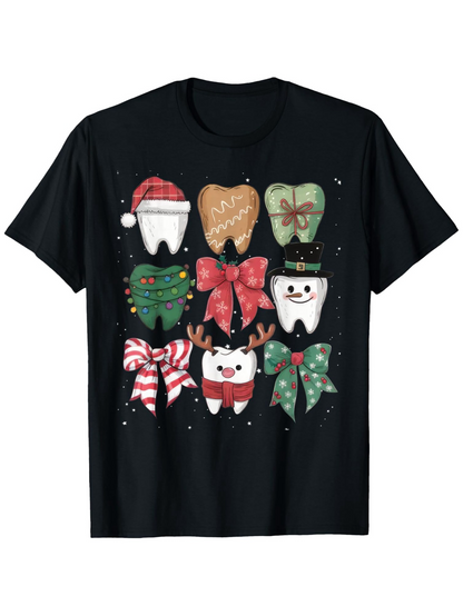 Men's Graphic T-Shirt Holiday Cheerful Icons With Christmas Bows Snowflakes And Cute Cartoon Tooth
