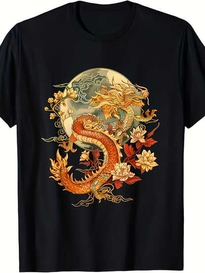 Men's Graphic T-Shirt Golden Moonlit Landscape With Blossoms And Flowing Dragon