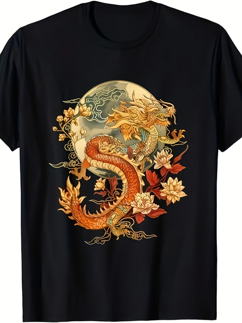Men's Graphic T-Shirt Golden Moonlit Landscape With Blossoms And Flowing Dragon