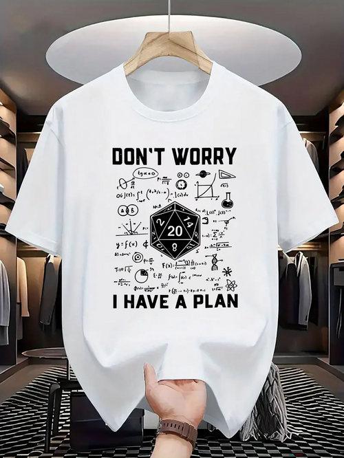Men's Graphic T-Shirt Dont Worry I Have A Plan Twenty Sided Dice Surrounded By Game Formulas White T Shirt
