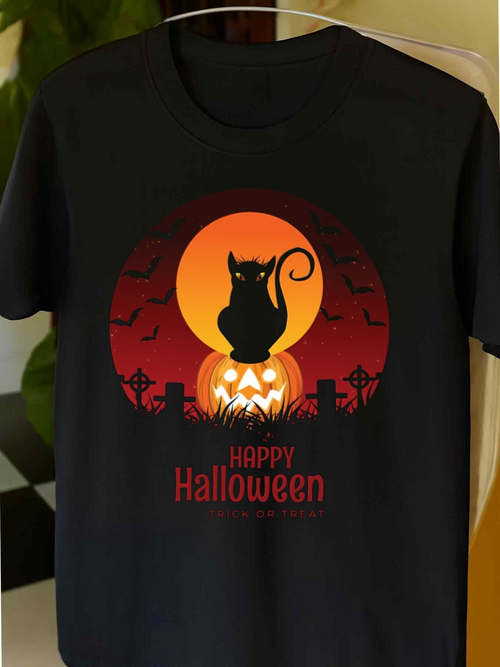 Men's Graphic T-Shirt Happy Halloween Black Cat With Glowing Pumpkin Under Orange Moon