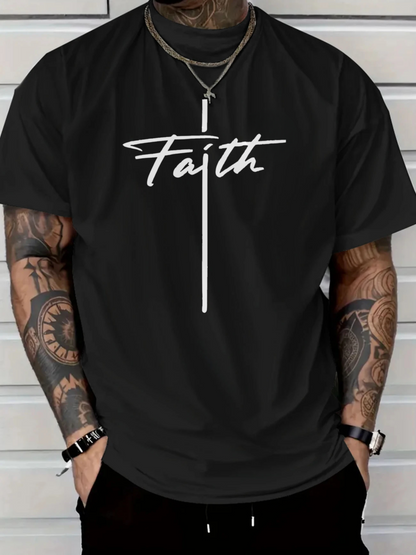 Men's Graphic T-Shirt Faith Lettering On Vertical White Line Minimalist Cross Design