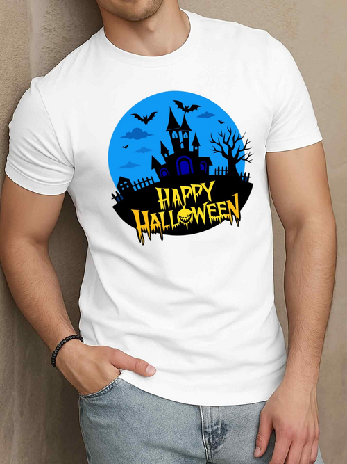 Men's Graphic T-Shirt Happy Halloween Haunted Castle With Flying Bats And Spooky Moonlight