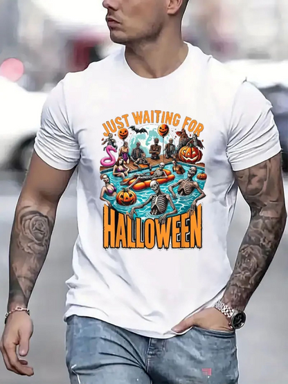 Men's Graphic T-Shirt Just Waiting For Halloween With Pumpkins And Playful Animals Around A Blue Pond