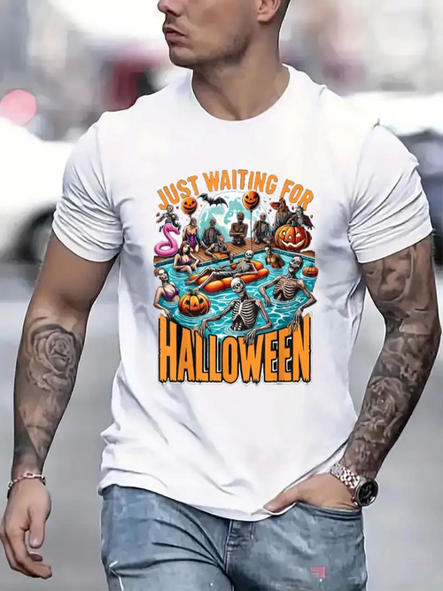 Men's Graphic T-Shirt Just Waiting For Halloween With Pumpkins And Playful Animals Around A Blue Pond