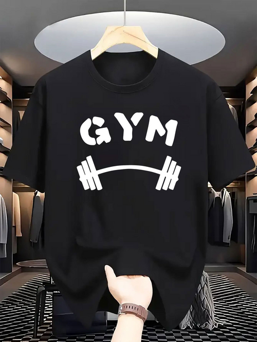 Men's Graphic T-Shirt Bold White Lettering With Barbell Weight On Soft Cotton Gym