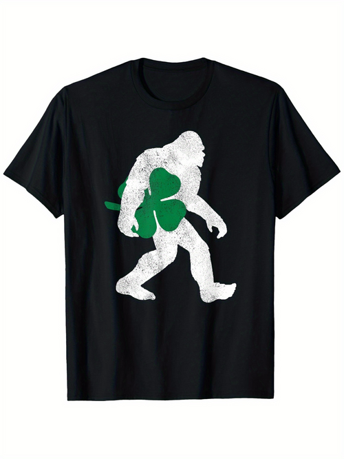 Men's Graphic T-Shirt Textured White Shamrock Among Green Leaves With Large Walking Bigfoot