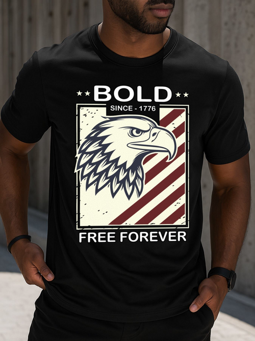 Men's Graphic T-Shirt Bold Free Forever Striped Background With Illustrated Majestic Bald Eagle