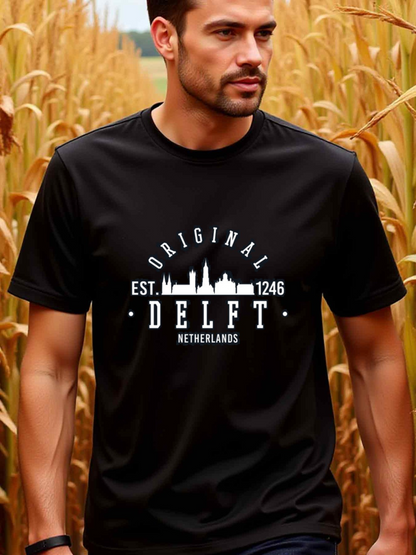 Men's Graphic T-Shirt Original Est 1246 City Skyline Over Bold White Delft