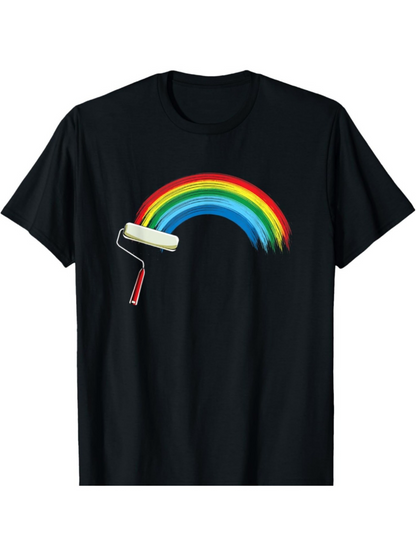 Men's Graphic T-Shirt Paint Roller With Bright Rainbow Arc On Plain Black Shirt