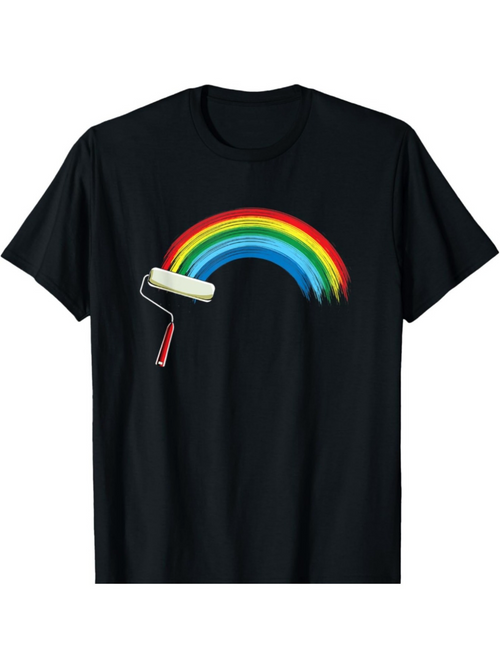 Men's Graphic T-Shirt Paint Roller With Bright Rainbow Arc On Plain Black Shirt