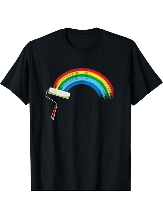 Men's Graphic T-Shirt Paint Roller With Bright Rainbow Arc On Plain Black Shirt