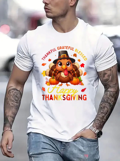 Men's Graphic T-Shirt Happy Thanksgiving Festive Autumn Leaves With Cartoon Pilgrim Turkey