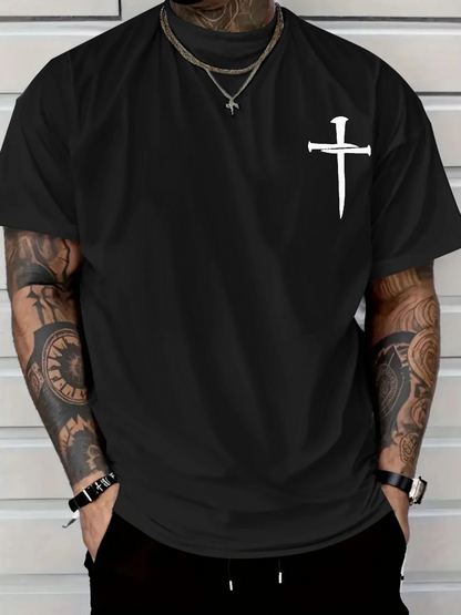 Men's Graphic T-Shirt Minimalist White Painted Stroke Cross Among Deep Black Cotton T Shirt
