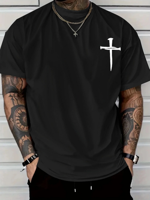 Men's Graphic T-Shirt Minimalist White Painted Stroke Cross Among Deep Black Cotton T Shirt