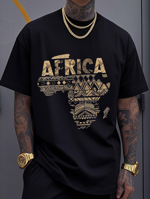 Men's Graphic T-Shirt Africa Golden Tribal Patterns With Geometric Ethnic Map Silhouette