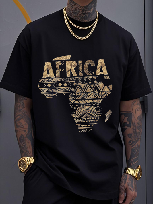 Men's Graphic T-Shirt Africa Golden Tribal Patterns With Geometric Ethnic Map Silhouette