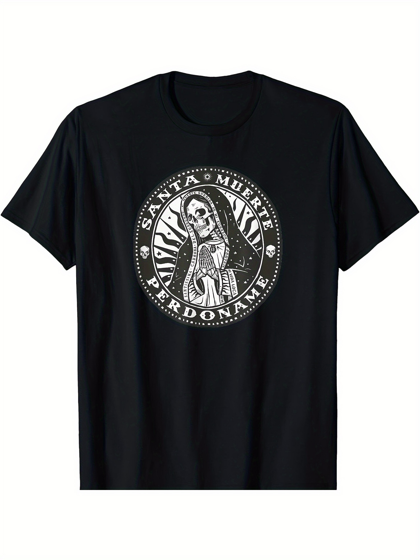 Men's Graphic T-Shirt Santa Muerte Forgiveness With Radiant Light Surrounding Holy Skeleton Figure