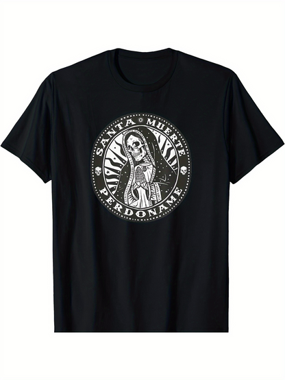 Men's Graphic T-Shirt Santa Muerte Forgiveness With Radiant Light Surrounding Holy Skeleton Figure