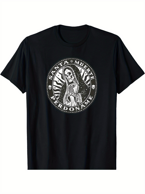 Men's Graphic T-Shirt Santa Muerte Forgiveness With Radiant Light Surrounding Holy Skeleton Figure