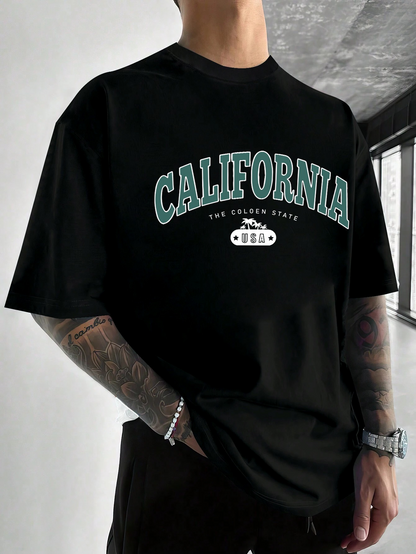 Men's Graphic T-Shirt California Green Arch Letters With Small White Text Black T Shirt