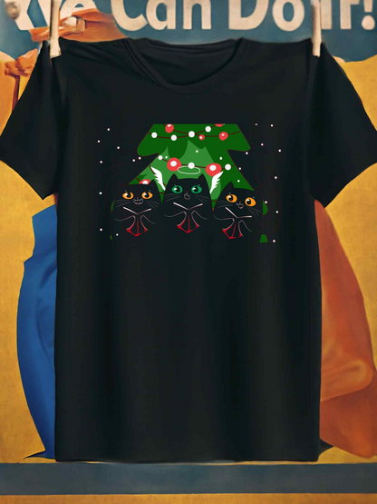Men's Graphic T-Shirt Festive Green Holiday Bow With Curious Black Cats Under Starlit Night