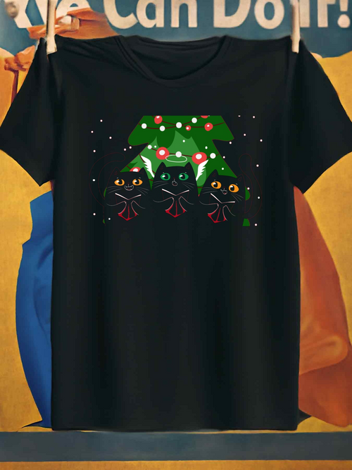 Men's Graphic T-Shirt Festive Green Holiday Bow With Curious Black Cats Under Starlit Night