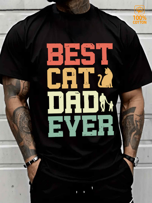Men's Graphic T-Shirt Best Cat Dad Ever Vintage Letters And Cat Silhouette Graphic Cat