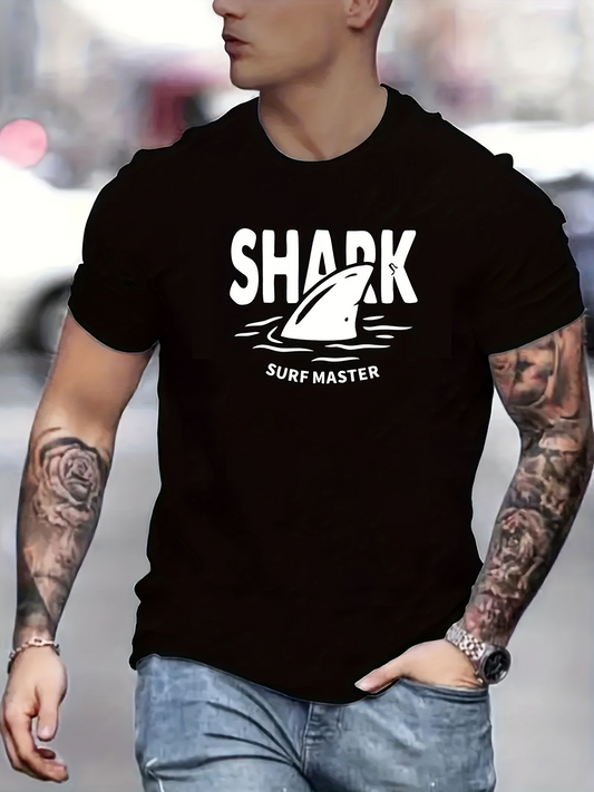 Men's Graphic T-Shirt Shark Fin Among Ocean Waves Under Bold White Letters Shark