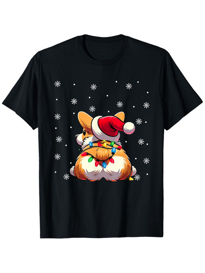 Men's Graphic T-Shirt Playful Festive Doggy With Christmas Hat Surrounded By Snowflakes Corgi