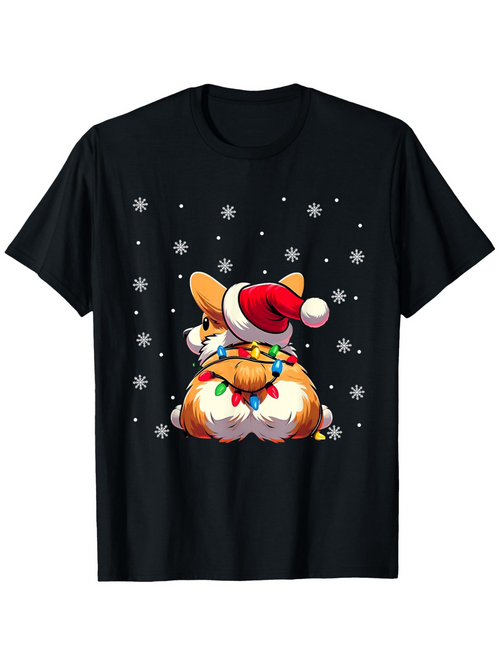 Men's Graphic T-Shirt Playful Festive Doggy With Christmas Hat Surrounded By Snowflakes Corgi