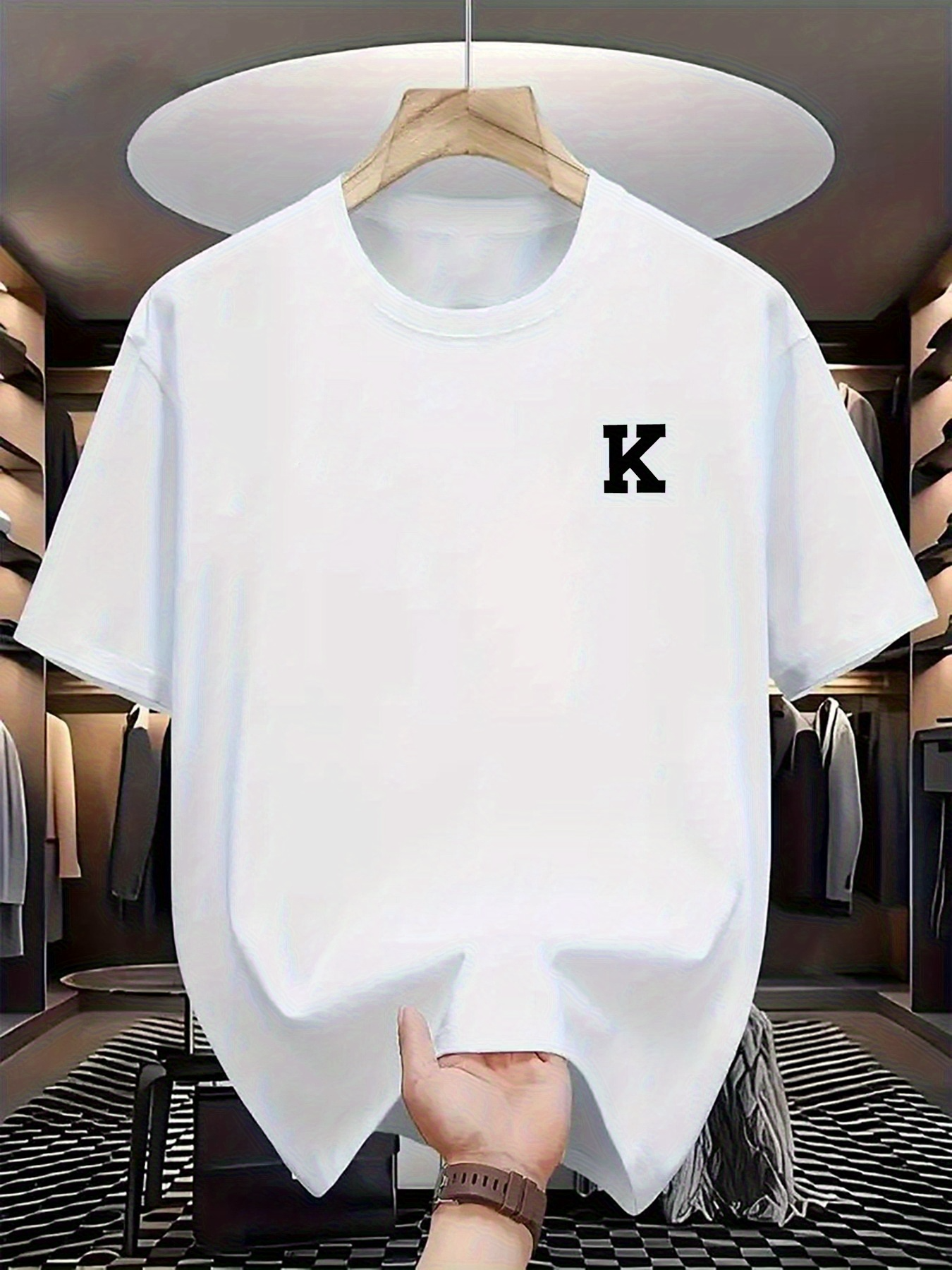 Men's Graphic T-Shirt Large Black Vintage Letter K On Minimal Cotton White Tee