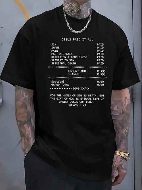Men's Graphic T-Shirt Jesus Paid It All Receipt Style Text With Checkout Elements On Black Shirt