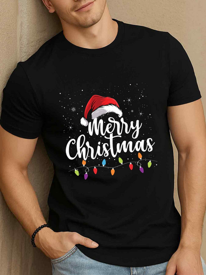 Men's Graphic T-Shirt Merry Christmas With Santa Hat And Colorful Christmas Light Garland