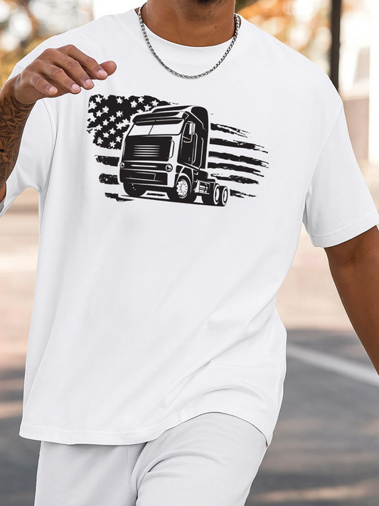 Men's Graphic T-Shirt Grunge American Flag With Powerful Semi Truck Graphic