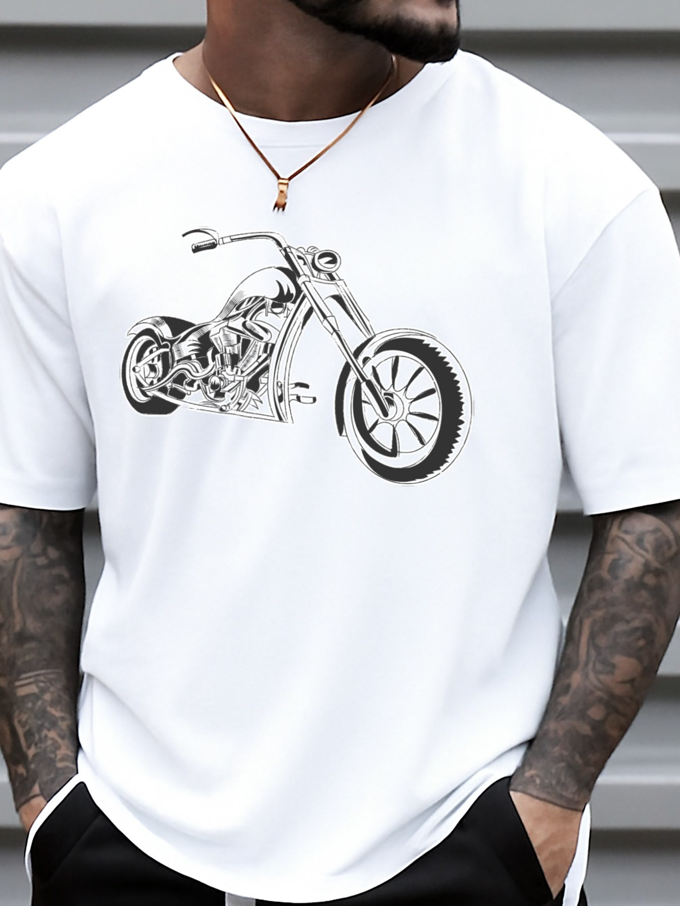 Men's Graphic T-Shirt Classic Chrome Accented Chopper Motorcycle Illustration White T Shirt Motorcycle