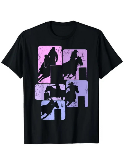 Men's Graphic T-Shirt Pastel Sunset Toned Riders Racing Through Abstract Colored Blocks Horses