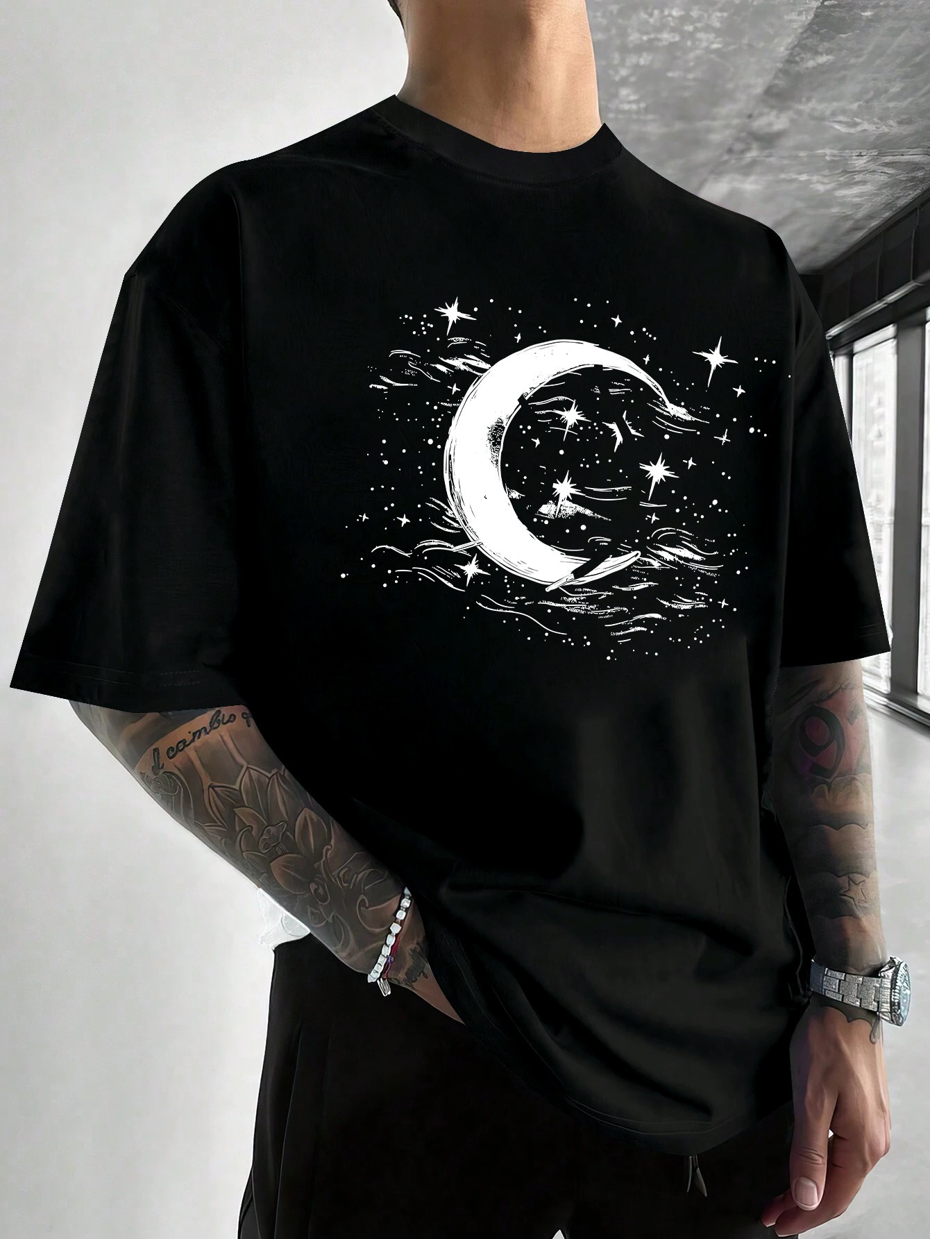 Men's Graphic T-Shirt Shining Night Sky With Crescent Moon And Whispering Stars Moon