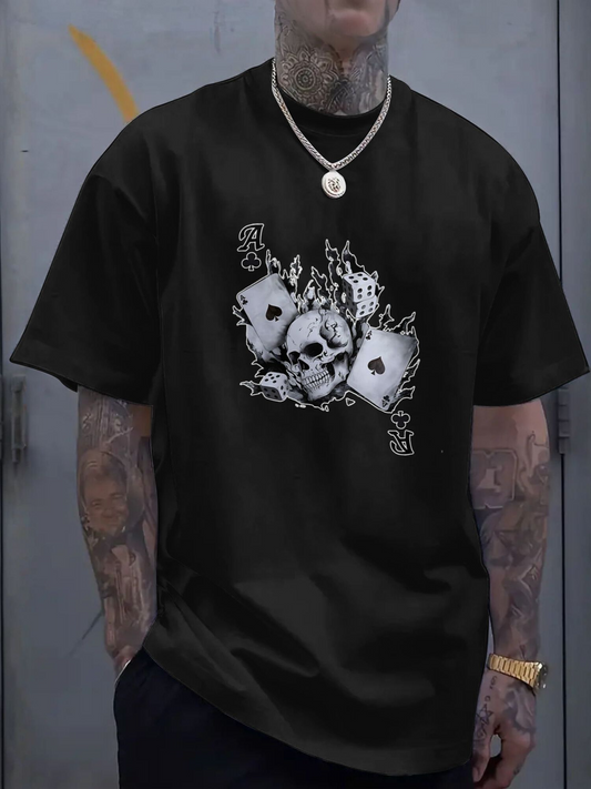 Men's Graphic T-Shirt Burning Card Suits With Dark Grunge Skull
