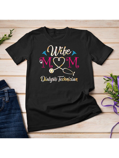 Men's Graphic T-Shirt Wife Mom Dialysis Technician Heartbeat With Decorative Arrows And Stethoscope