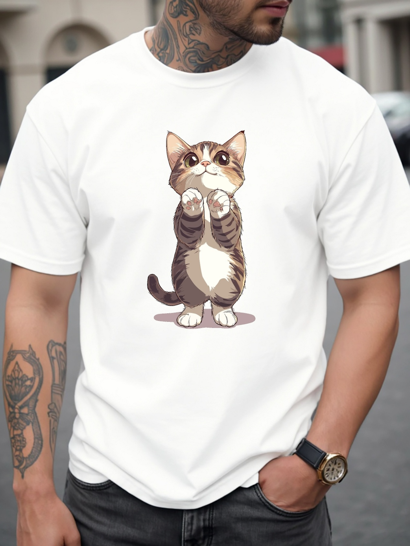 Men's Graphic T-Shirt Adorable Brown Tabby Cat With White Fur Looking Up Calmly Kitten