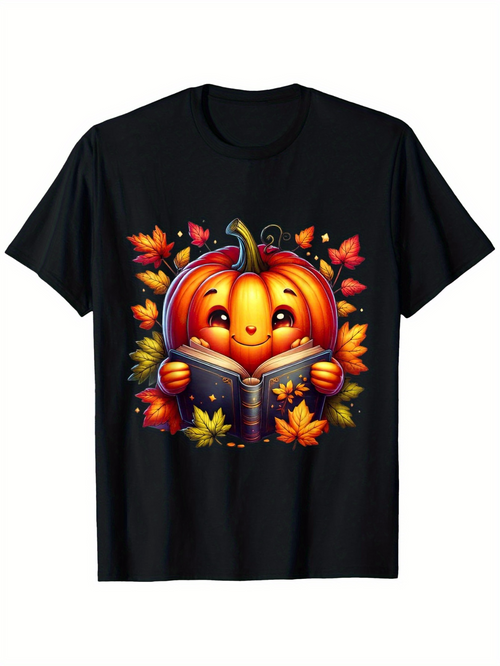 Men's Graphic T-Shirt Cozy Autumn Leaves Surrounding Smiling Pumpkin Reading Book