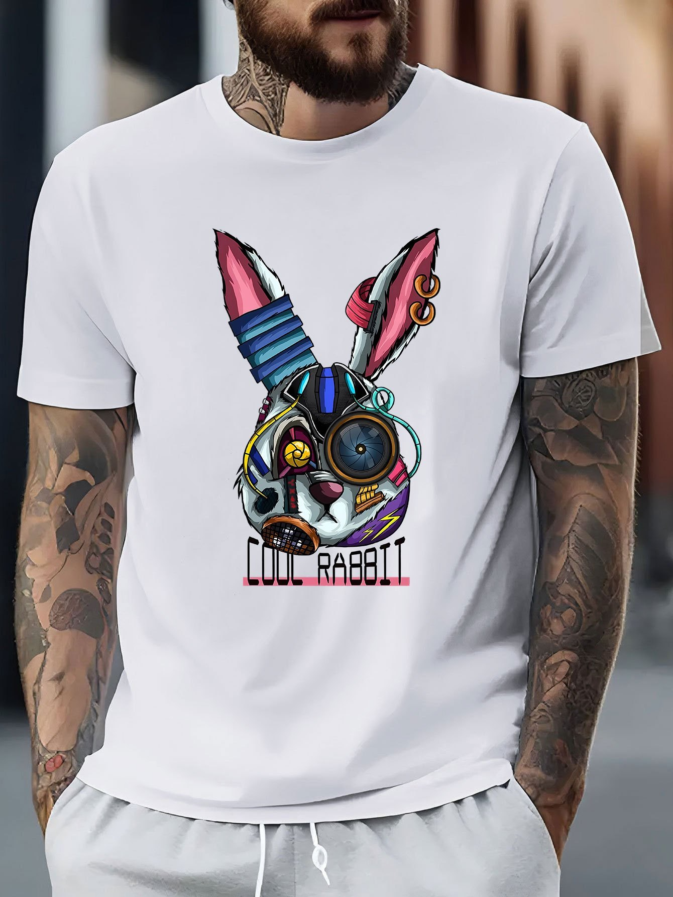 Men's Graphic T-Shirt Cool Rabbit Futuristic Metallic Elements With Neon Accents Robotic Rabbit