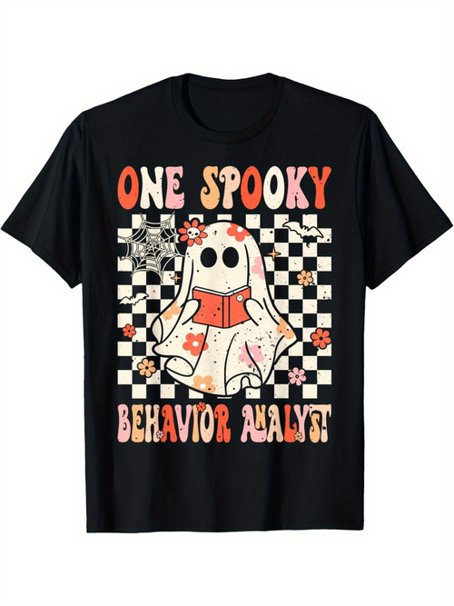 Men's Graphic T-Shirt One Spooky Checkerboard Pattern Surrounded By Flowers Ghost