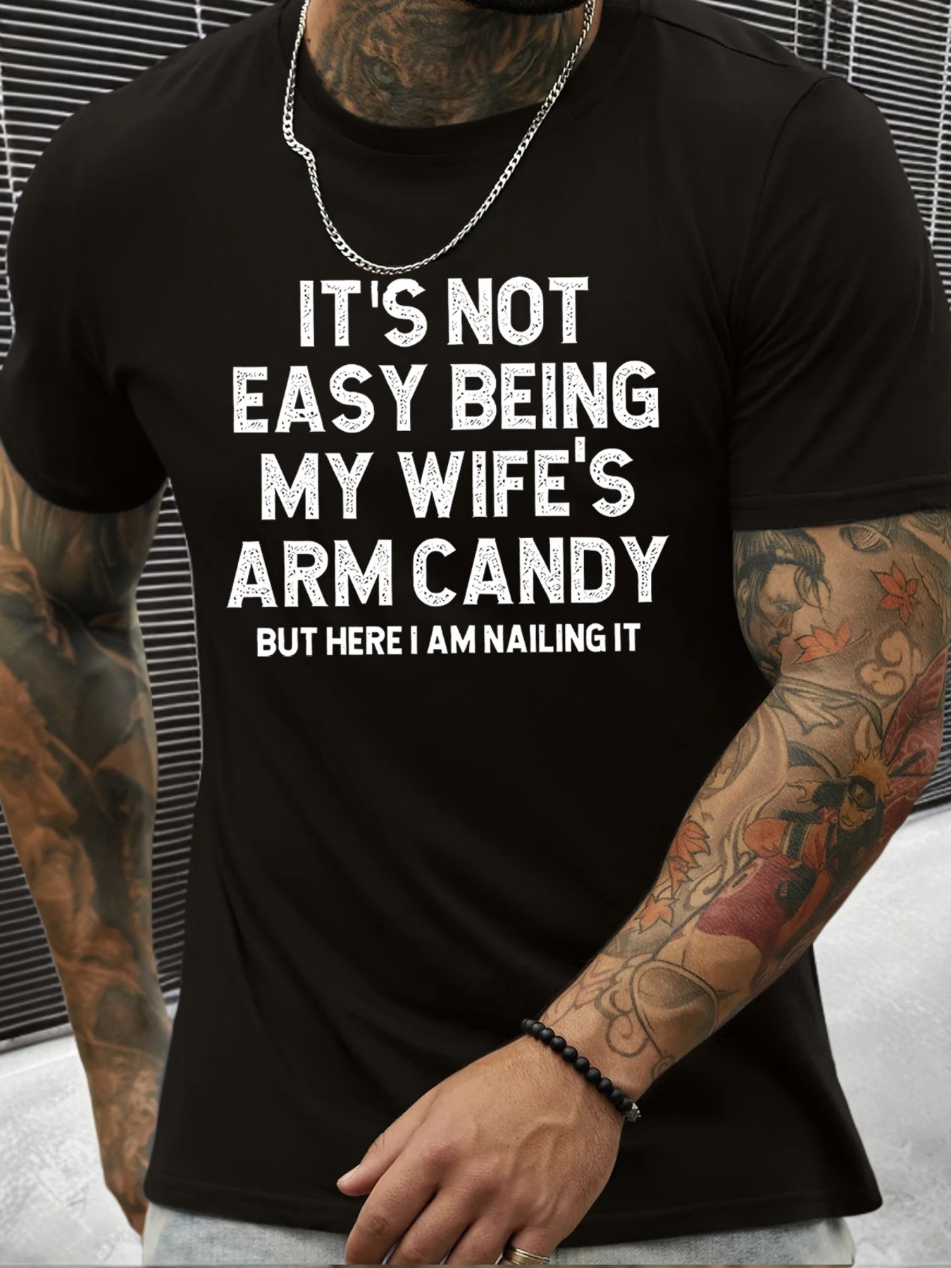 Men's Graphic T-Shirt Its Not Easy Being My Wifes Arm Candy But Here I Am Nailing It Bold Statement Text Black Cotton T Shirt