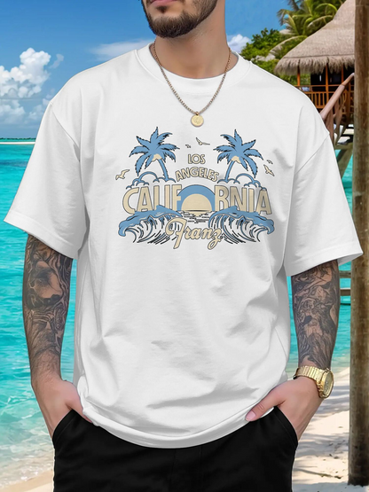 Men's Graphic T-Shirt California Dreaming Ocean View With Palm Trees And Seagulls White Sand Beach